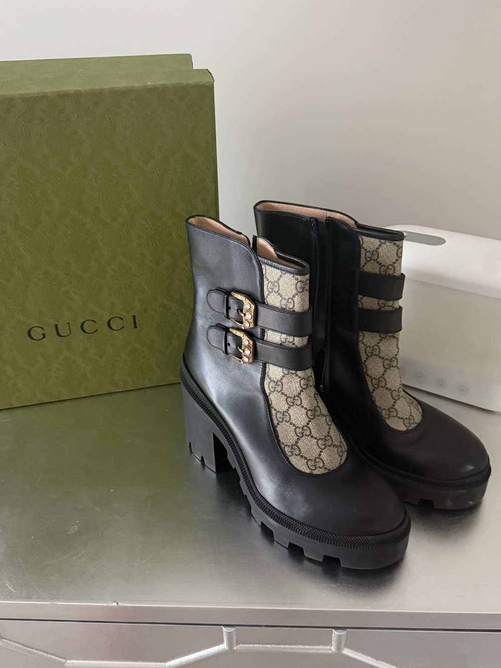 Gucci Black Leather & Beige GG Canvas Lug Heel Ankle Boots